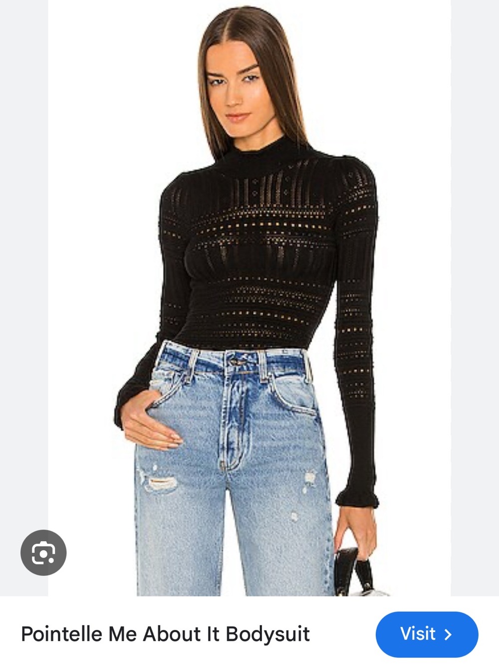 Free People Black Pointelle High-Neck Long-Sleeve Bodysuit